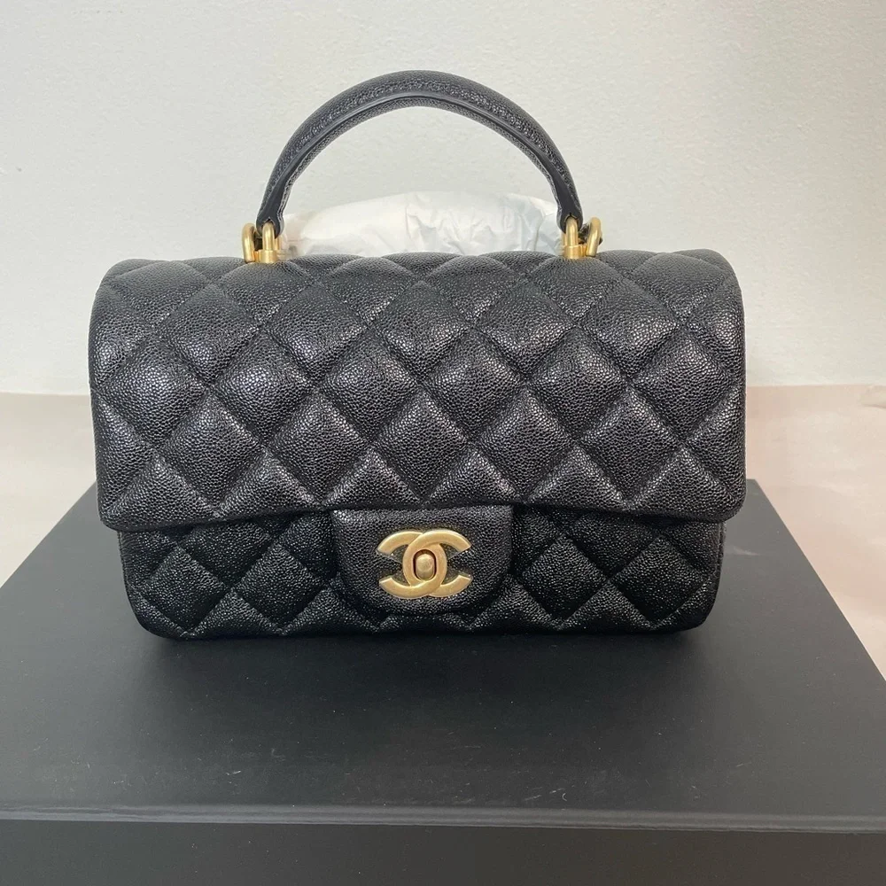 New CHANEL Caviar Quilted Mini Top Handle Rectangular Flap Bag